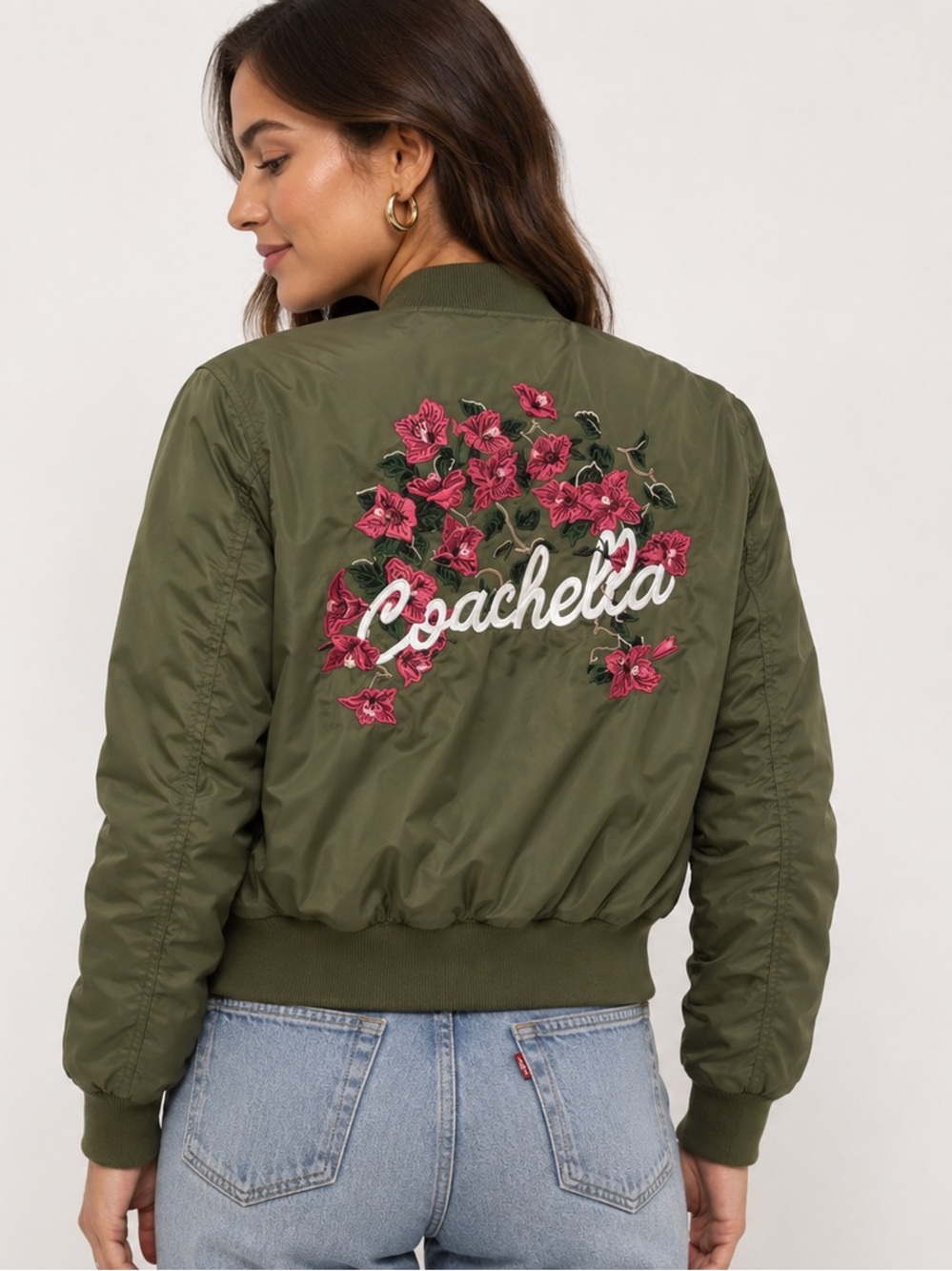 Coachella 2025 Bomber Jacket Olive Green Floral Embroidered Like New Size Medium